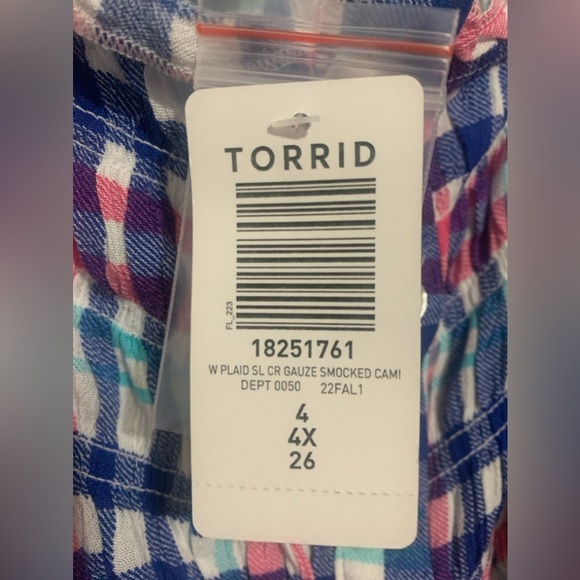Torrid Peplum Smocked Bodice Crinkle Gauze Cami Plaid White 4X NWT - Picture 9 of 12